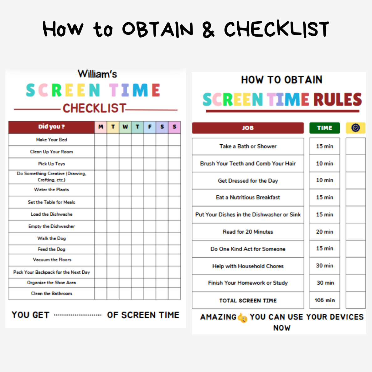 Editable Screen time checklist