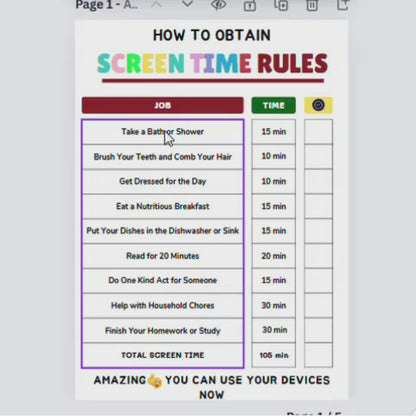 Editable Screen time checklist